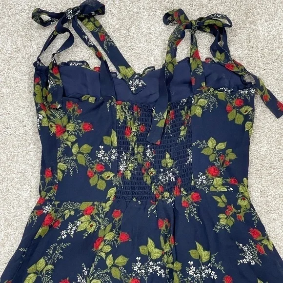 REFORMATION Christine Mini Dress in Bordeaux (Navy Blue W Roses ) Size-10 (B177)